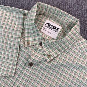 Mountain Khakis Mens L Green Tan Plaid Shirt Outdoor Hiking Camping Fishing Walk